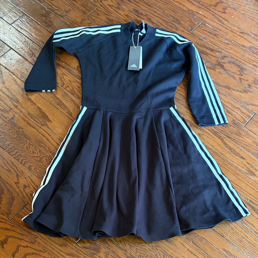 adidas Black Long-Sleeve Flared Sport Dress with White Stripes